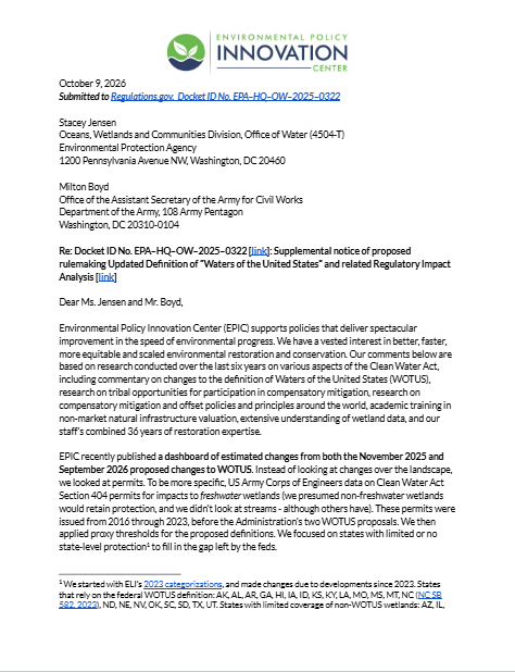 Comment Letter: September 2026 Proposed Changes to Waters of the United States (WOTUS)