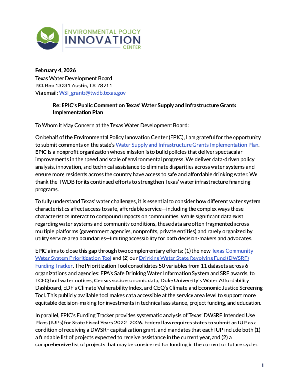 Snapshot of EPIC’s Public Comment using the National Drinking Water Dataset - Texas’s HB500 $1B investment in water infrastructure