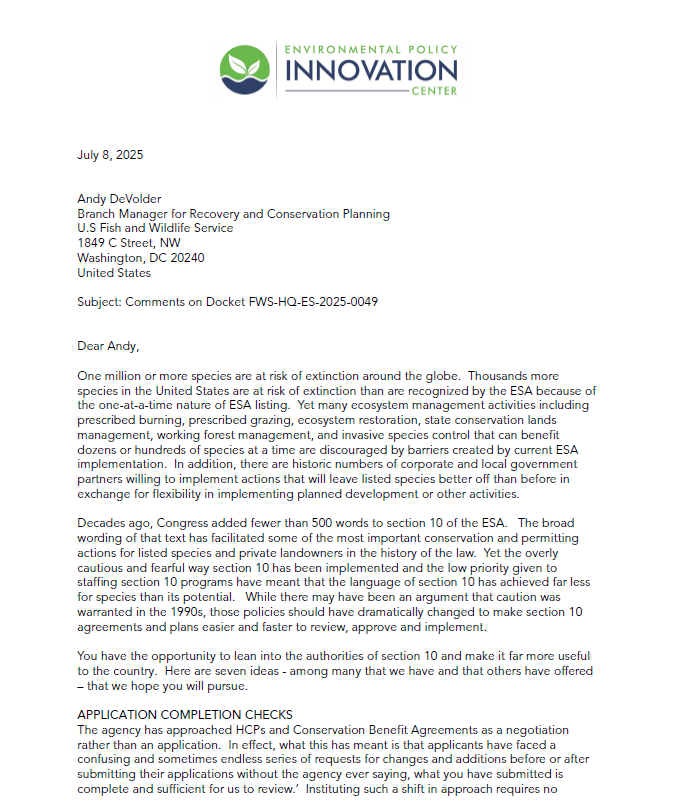 Comment Letter: Input for RFI on ESA Section 10 Conservation Benefit Agreements, Habitat Conservation Plans