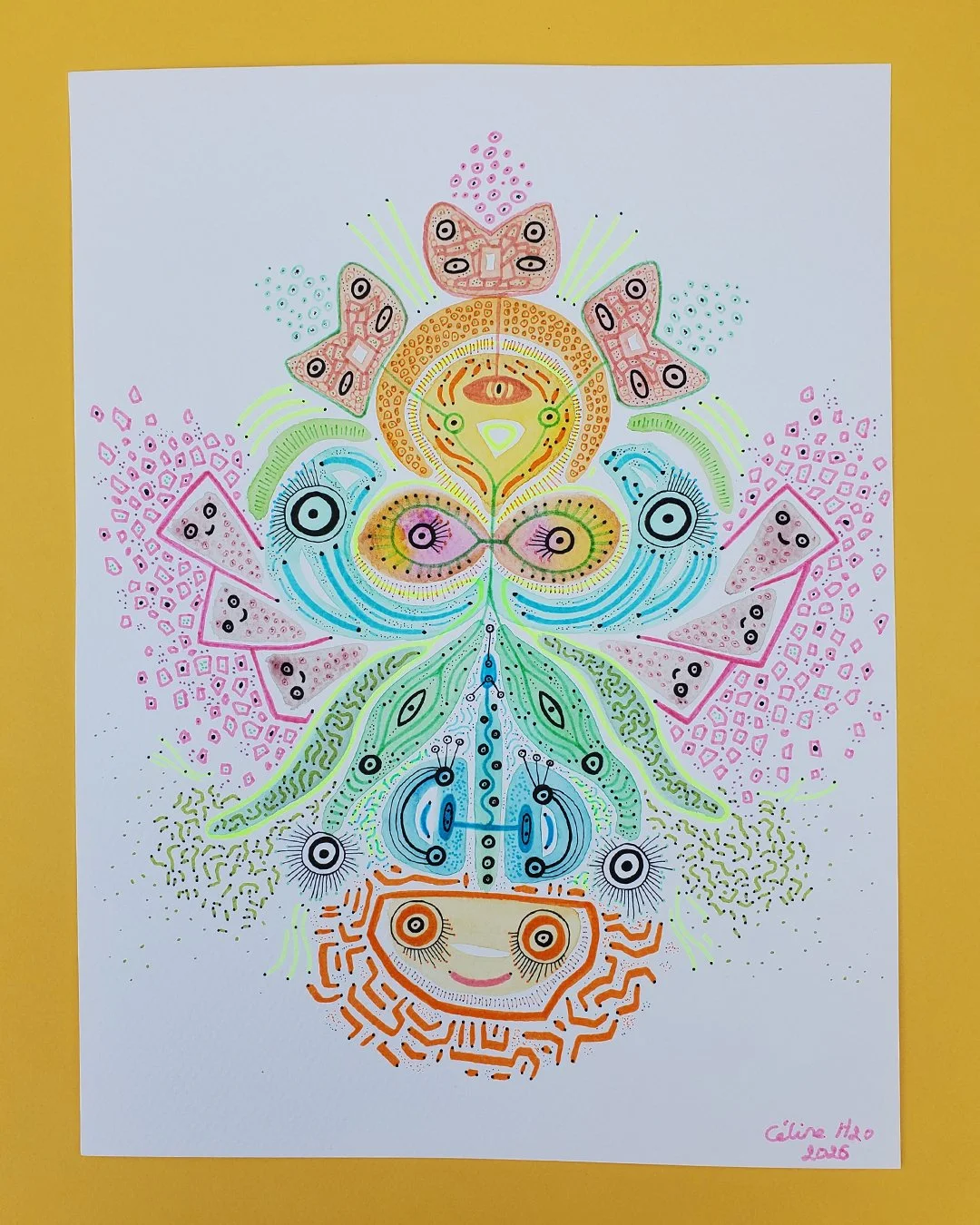 Apr&egrave;s ma s&eacute;rie de toiles "Microcosme", j&rsquo;ai commenc&eacute; une nouvelle s&eacute;rie d&rsquo;aquarelle et feutres intitul&eacute;e "Kal&eacute;idoscope". Voici la premi&egrave;re compos&eacute;e de formes sym&