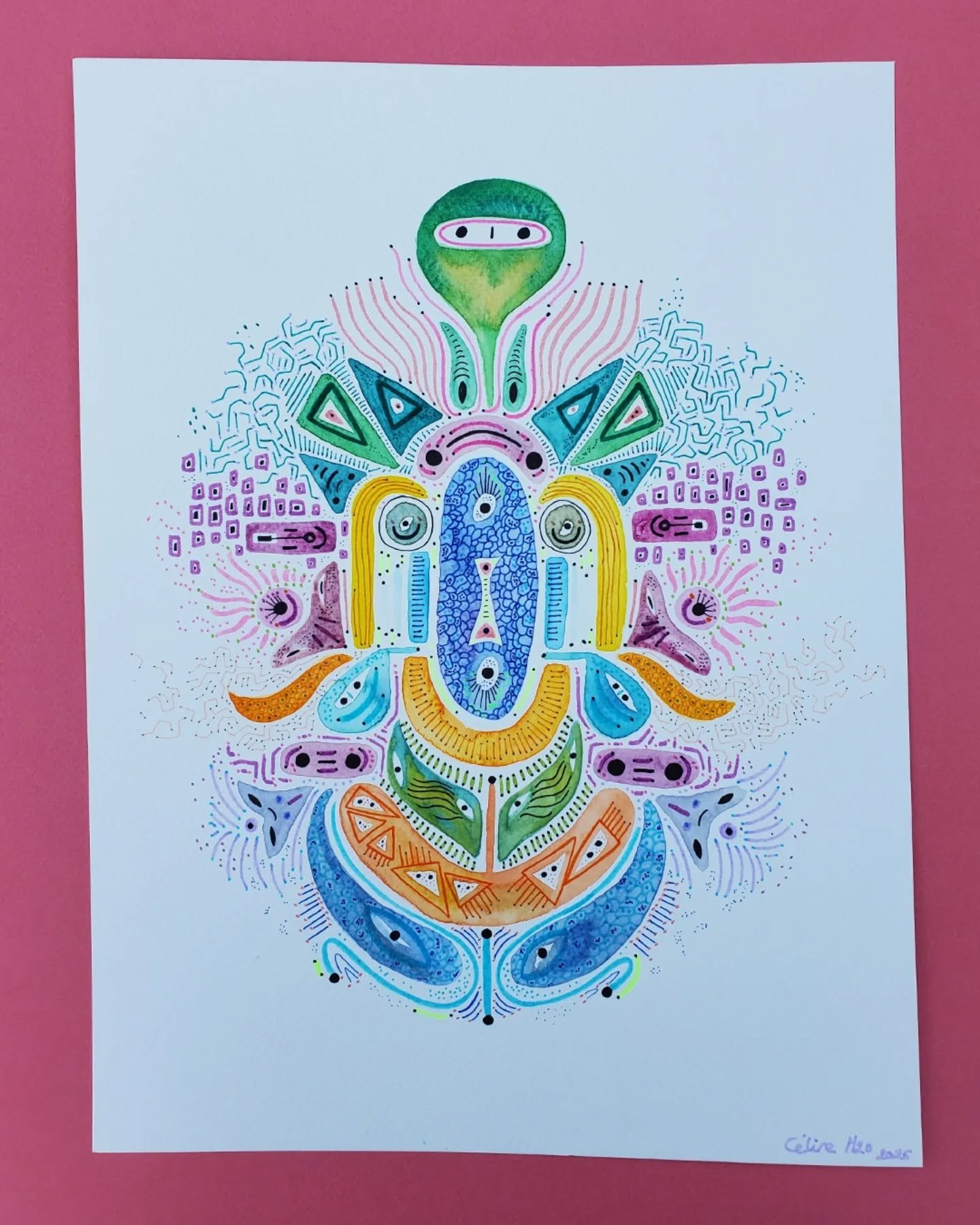 Kaleidoscope n&deg;2, entre expansion et contraction.

Aquarelle et feutres sur papier, 24x32 cm.