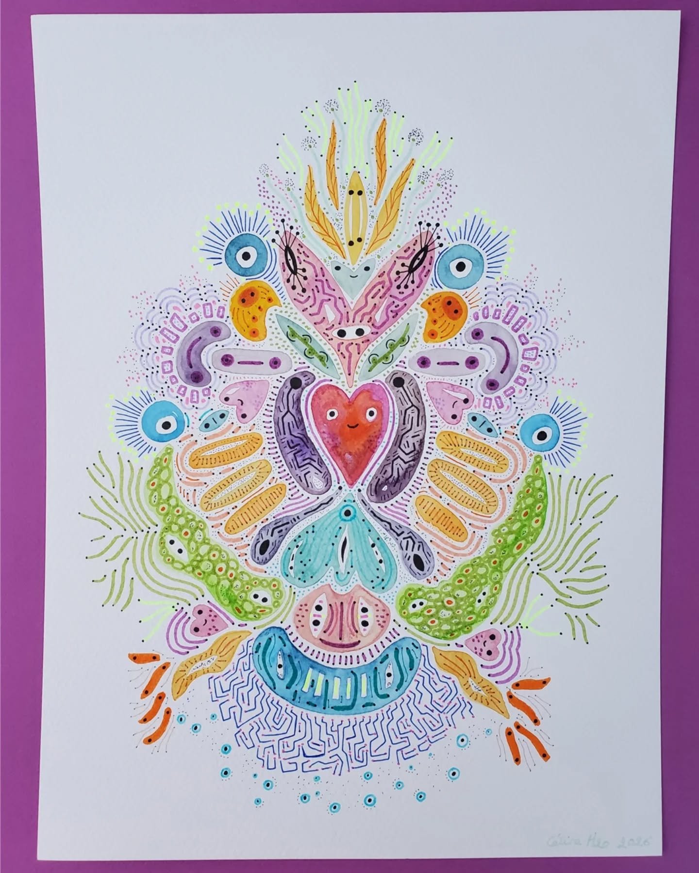 Kaleidoscope n&deg;3 ❤
Aquarelle et feutres sur papier 300g, 24x32 cm.