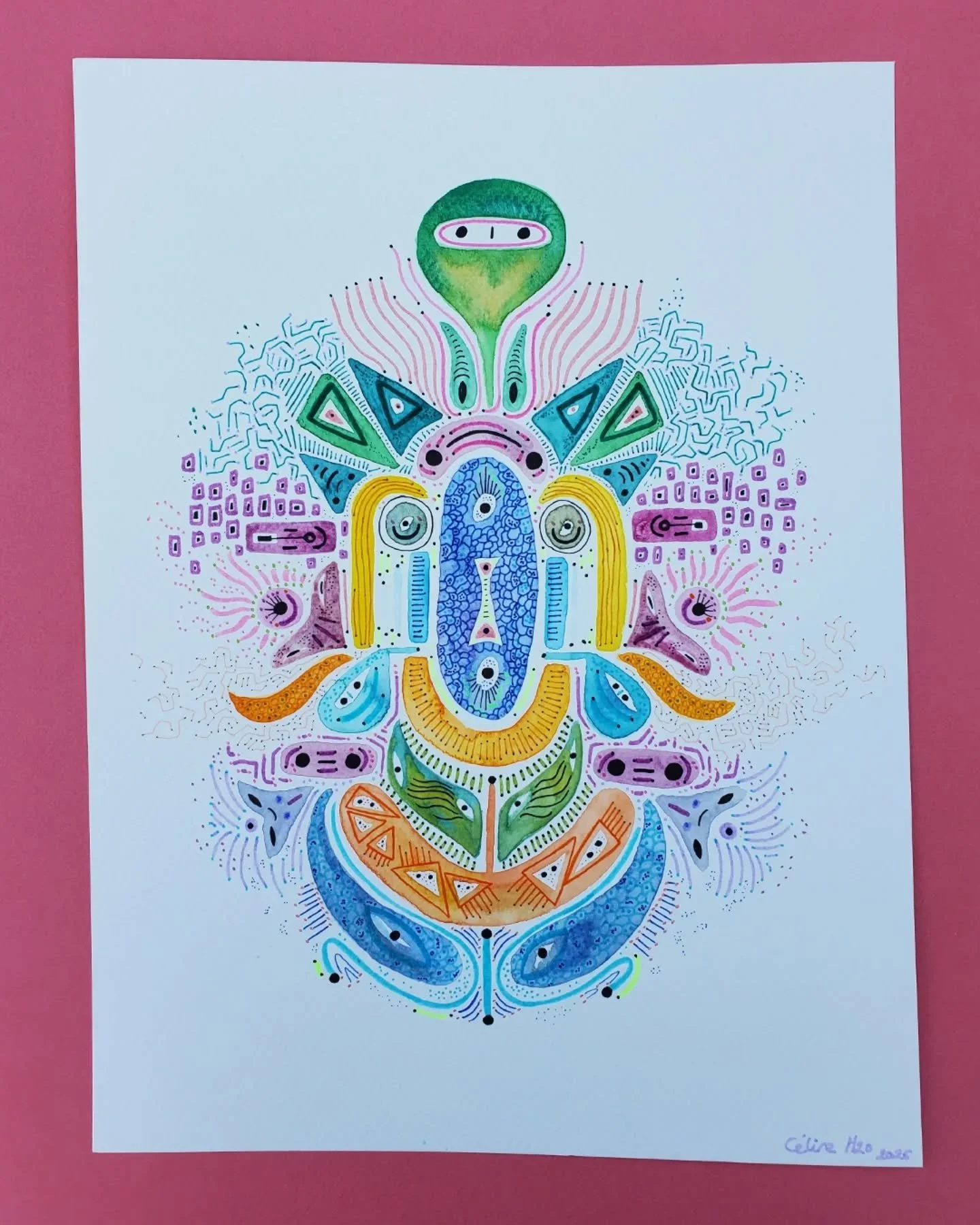 Kaleidoscope n&deg;2, entre expansion et contraction.

Aquarelle et feutres sur papier, 24x32 cm.