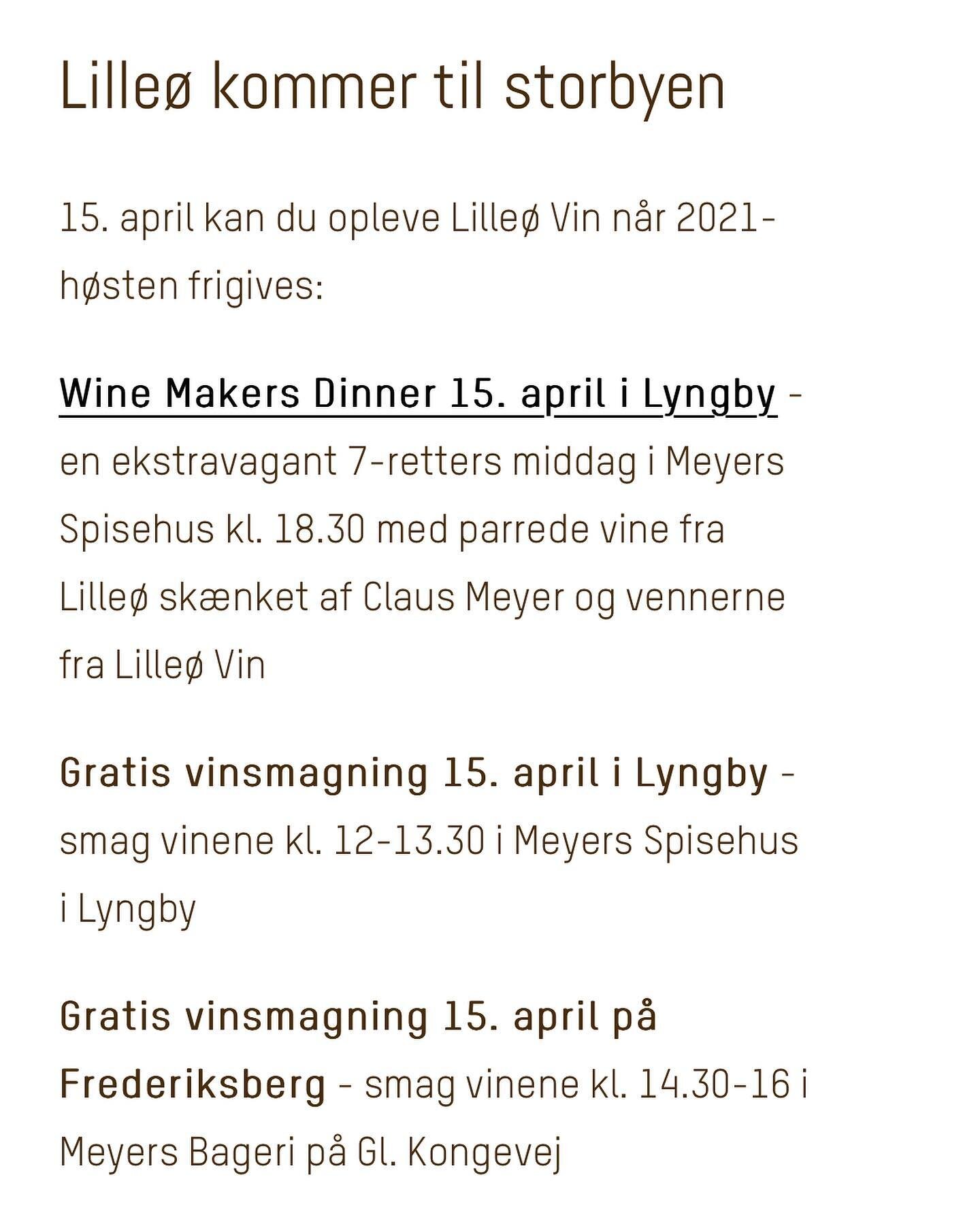 Har du planer l&oslash;rdag d. 15. april? Hvis ikke s&aring; kom med os til Meyers spisehus i Lyngby hvor vi skal spise god mad og drikke vin fra Lille&oslash;. Se link i bio for mere info.