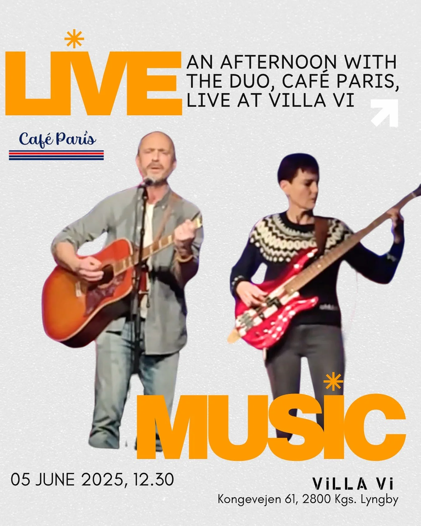 ✨ Live musik hos Villa Vi ✨
Kom og vær med den 5. juni kl. 12:30 til et hyggeligt øjeblik med den stemningsfulde duo Café Paris 🇫🇷 (@Fredogk & @Cafe_parisdk). Gratis entré.
Det er både Fars Dag og Grundlovsdag,