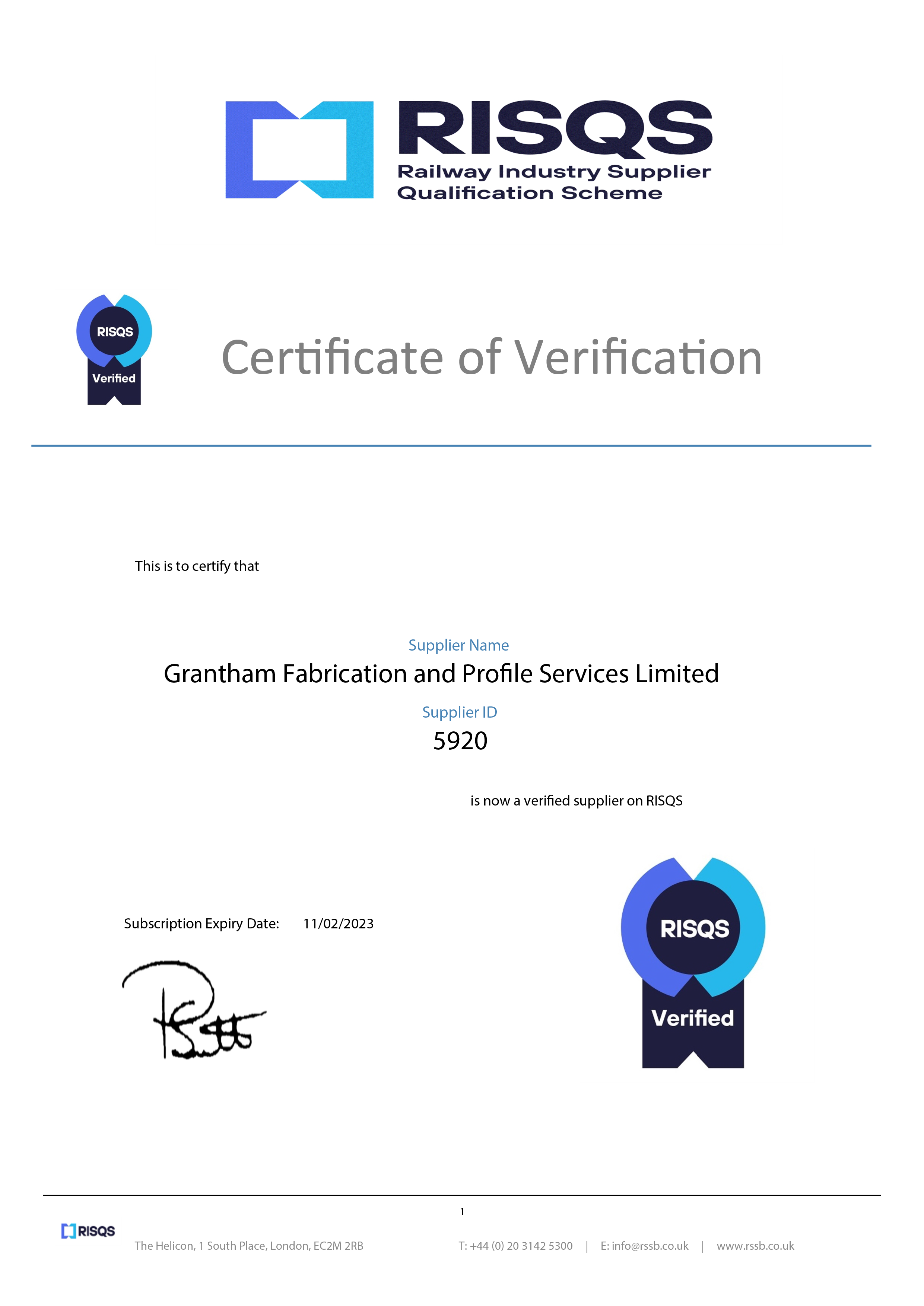 Certificate of verification for Grantham Fabrication and Profile Services Limited as a verified supplier on RISQS, with subscription expiry date of 11/02/2023, and the RISQS logo and signature at the bottom.