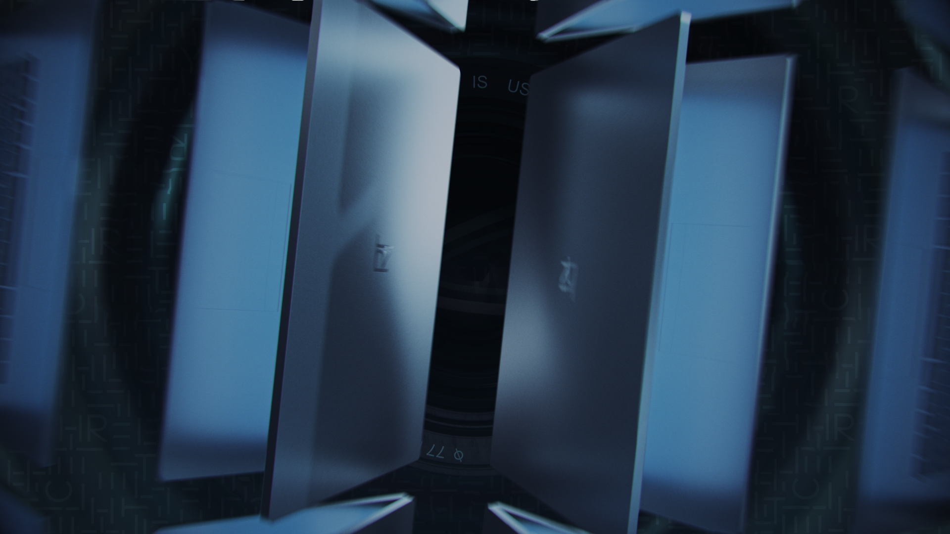Intro final frames - wall of laptops open up and camera passes through it