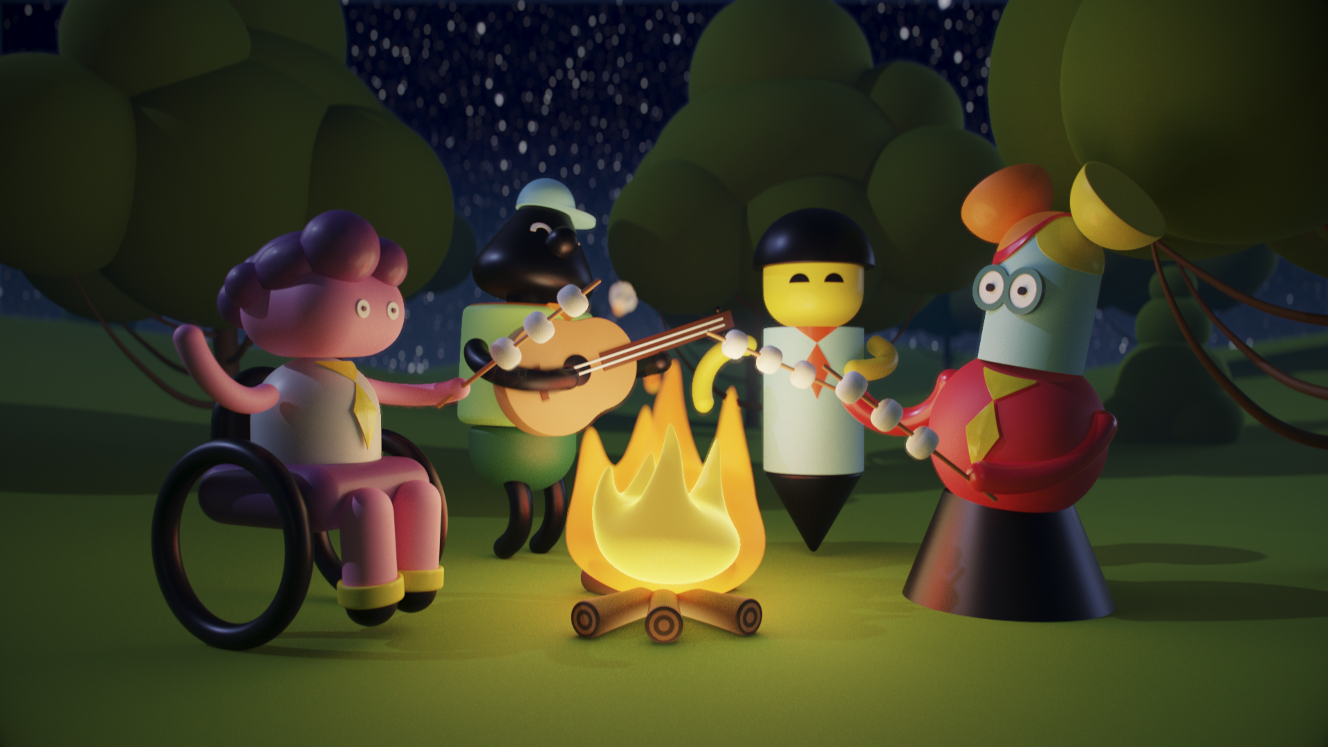 3d scene: our pathfinders and heroes happy around a campfire in the night