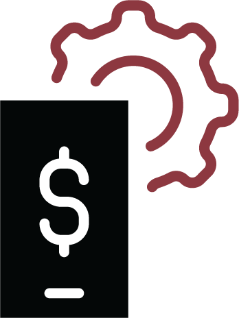 A smartphone with a dollar sign on the screen and gear icons in the background indicating financial technology or mobile banking.