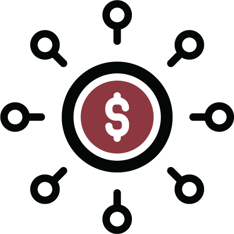 Icon of a central dollar sign surrounded by eight connecting circles, representing financial or business network.