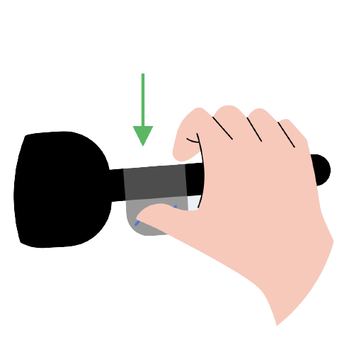 A hand on a handle bar with a thumb over a grey button and an arrow pointing down