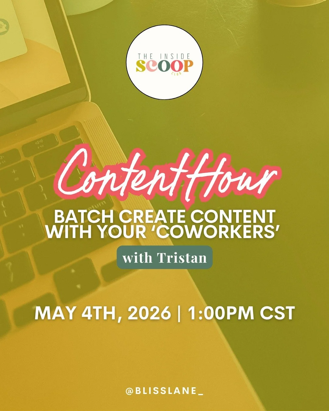 Content Hour is where you get to use all the Scoopie members as your coworkers to:
- Batch create content
- Get you unstuck from something you're creating
- Share an idea and have us give you 20+ more!
- Brainstorm what you should be posting in the n