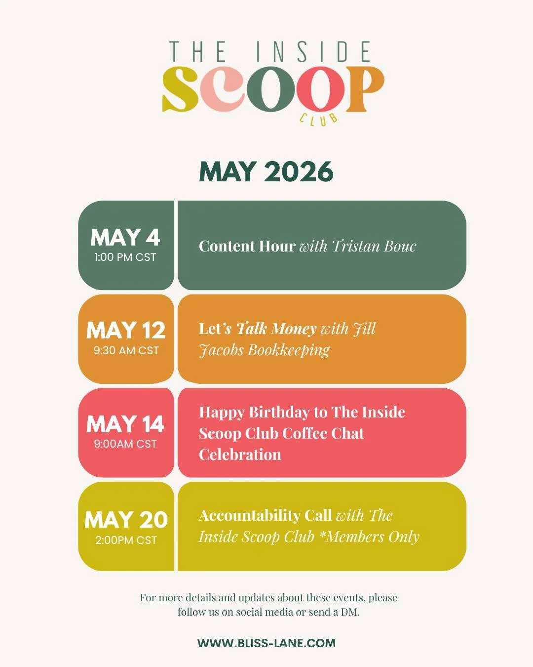May is the new December and there is so much going on in life! But not enough for me to not make room for all of the fun events happening in The Inside Scoop Club! Come join us for all of this happy stuff! 🥰

As always, if you can't make any of thes