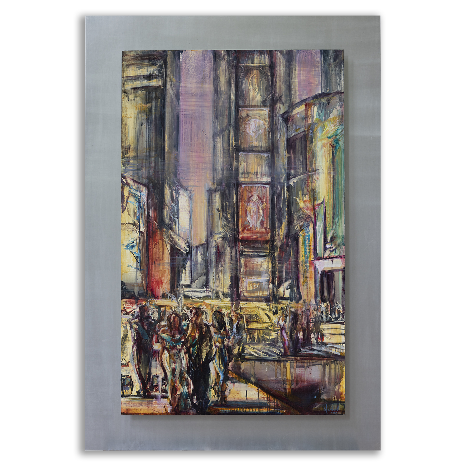 Nucleus of the Digital Age by Stuart Yankell, depicting figures amid layered city architecture.