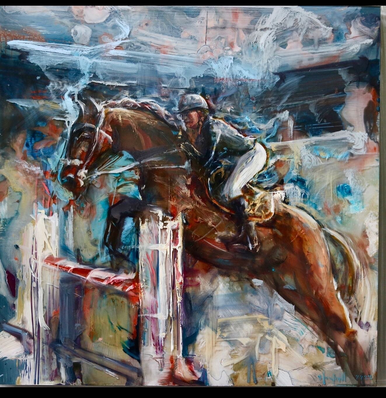 &ldquo;Leap of Faith&rdquo;, Jessica Springsteen, acrylic and oil, 24 x 24. Her father has some moves but this young lady can fly.&mdash;&mdash;&mdash;&mdash;&mdash;&mdash;&mdash;&mdash;&mdash;&mdash;&mdash;&mdash;&mdash;&mdash;- #HorseJumping, #Eque