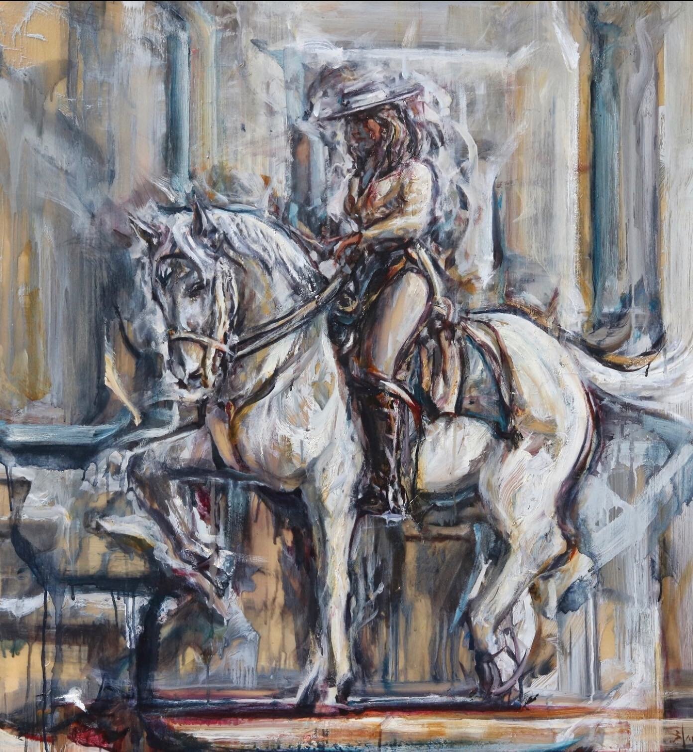 &ldquo;Dressage&rdquo;, acrylic and oil, 48 x 48, on view now at the Tryon Equestrian Gallery in North Carolina. &mdash;&mdash;&mdash;&mdash;&mdash;&mdash;&mdash;&mdash;&mdash;-#EquestrianPainting, #HorsePainting, #FINEART, #ContemporaryArt, #OilPain