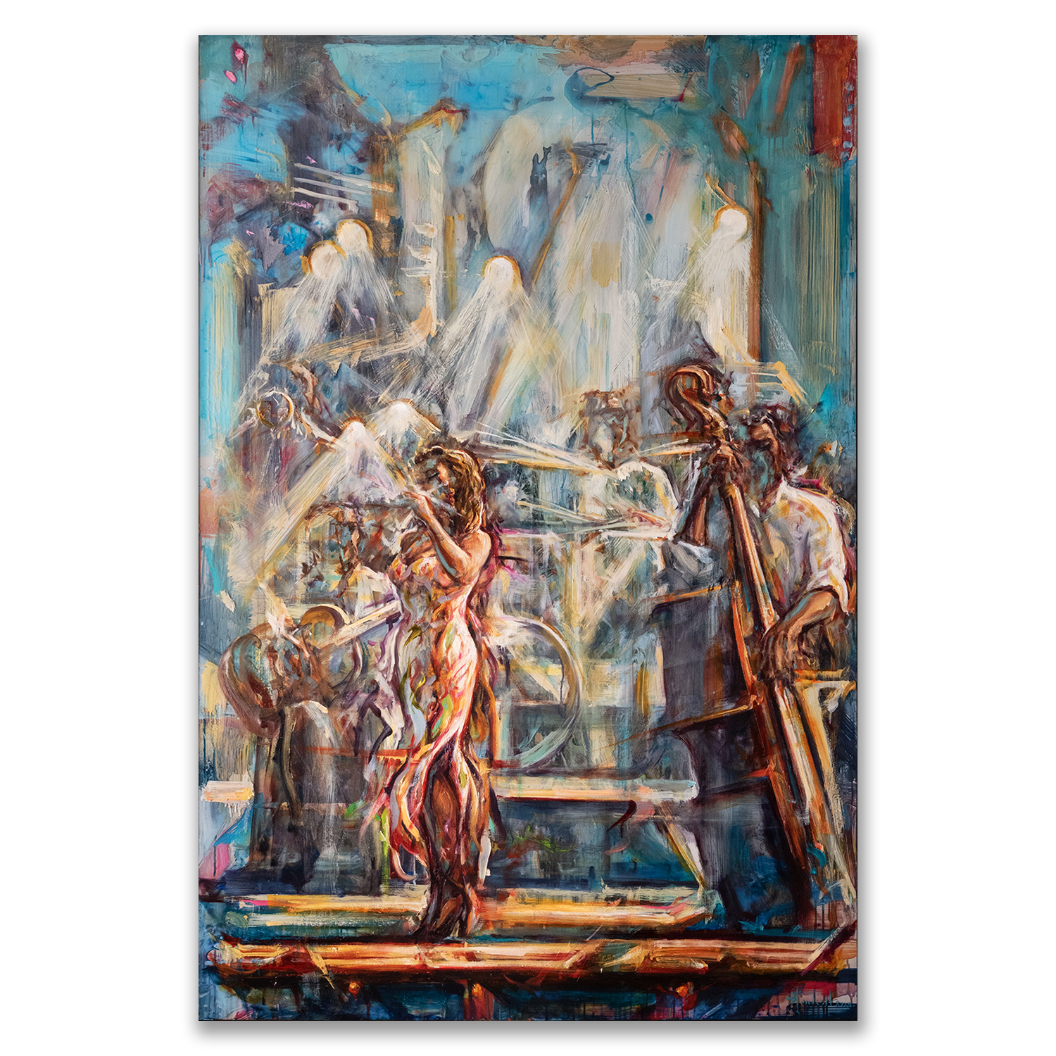 Song of the Blue Planet by Stuart Yankell, depicting musicians in a colorful vertical composition.
