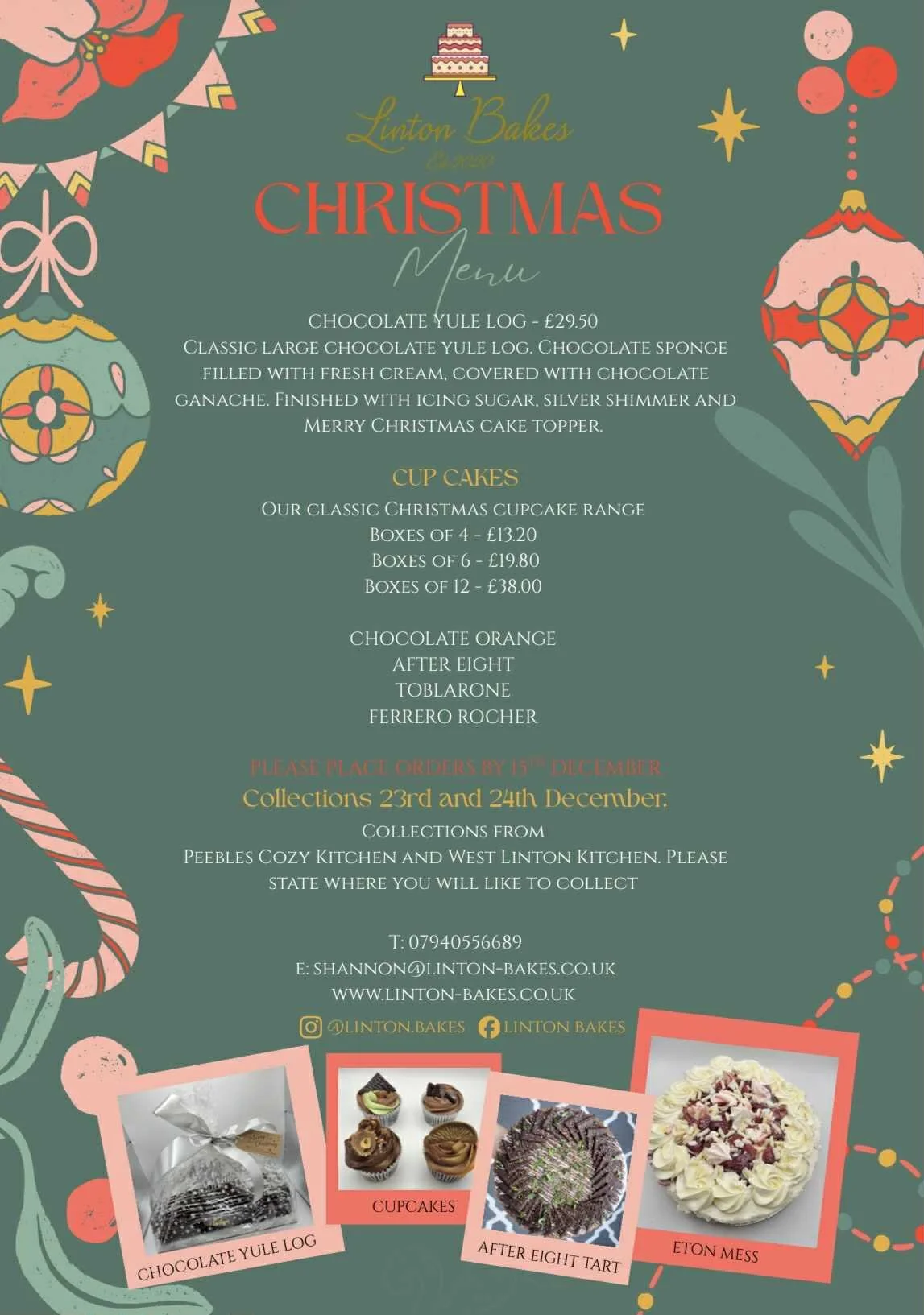 Christmas-themed menu flyer with festive ornaments and desserts, including chocolate yule log, Christmas cupcakes, after eight tart, and Eton mess.