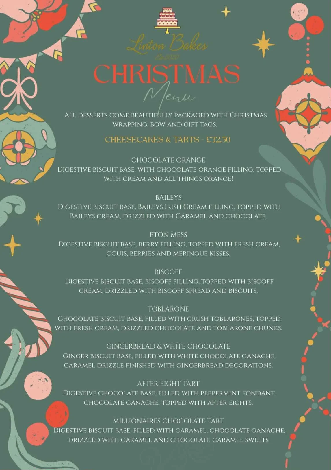 A Christmas menu from Linton Bakes featuring a list of desserts such as cheesecakes, tarts, and various other sweets, decorated with festive ornaments and patterns.