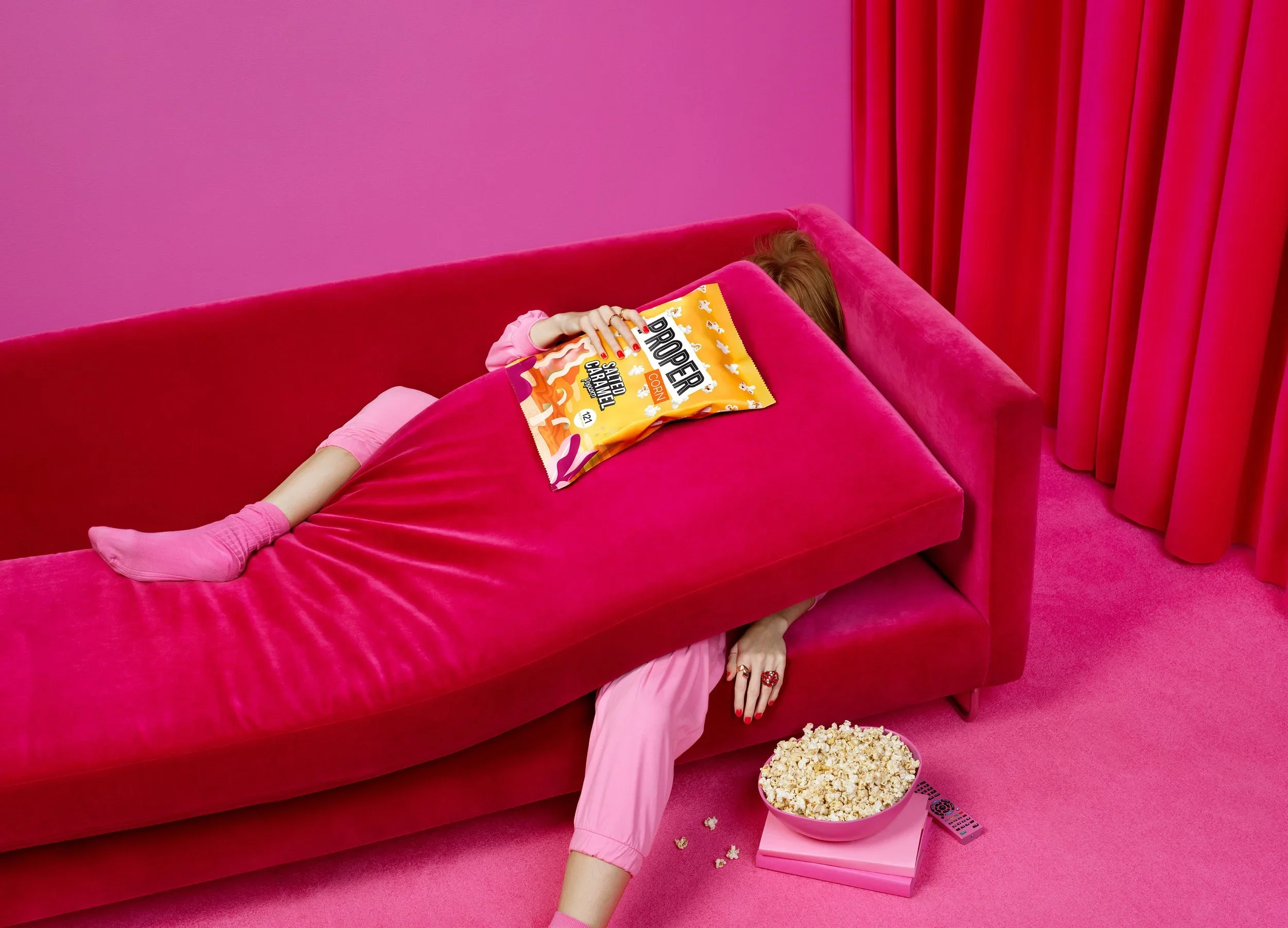 Propercorn packaging advertising image with creative compositing and retouching