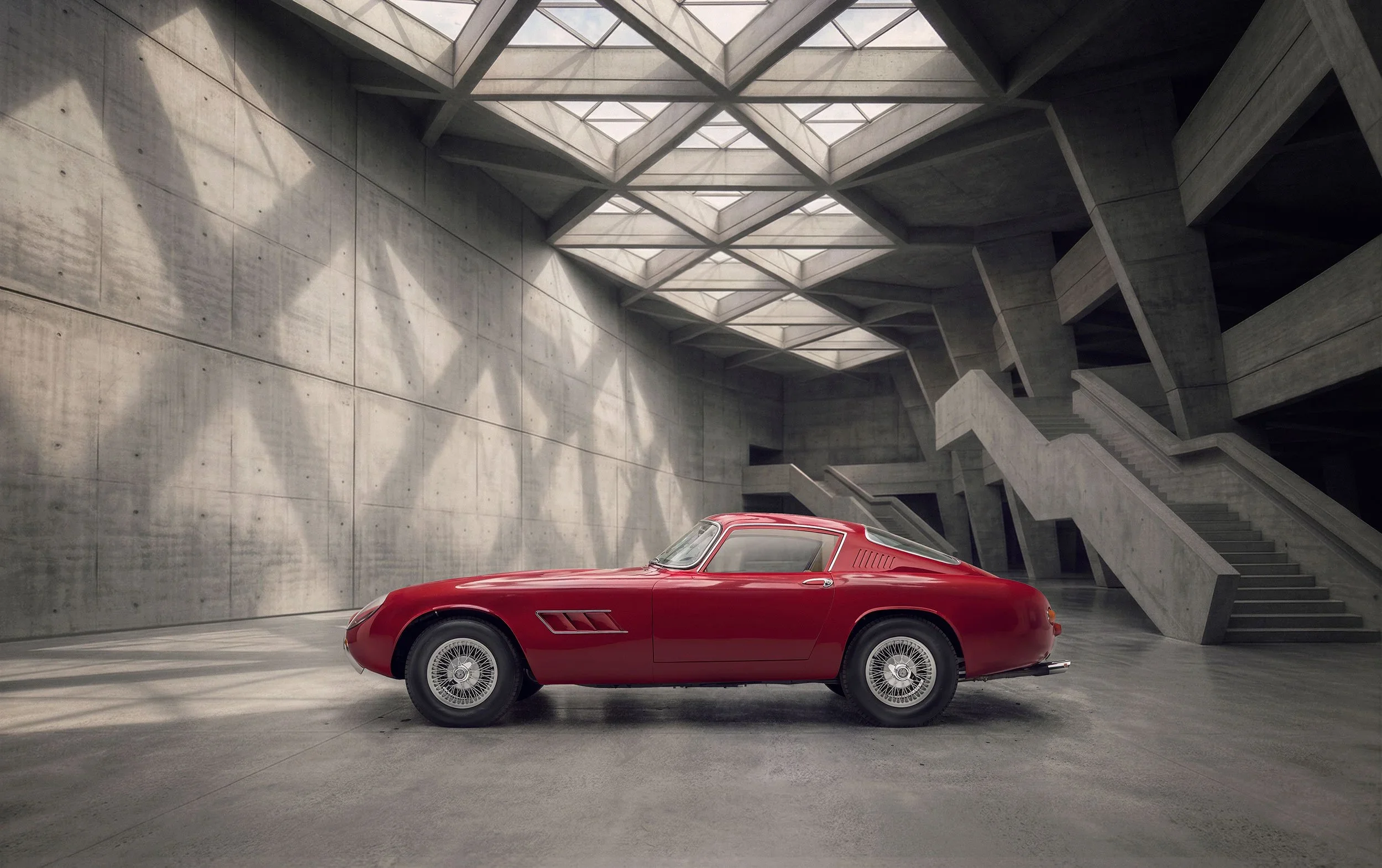 Concept car integrated into a custom AI-generated architectural backplate for Magneto Magazine