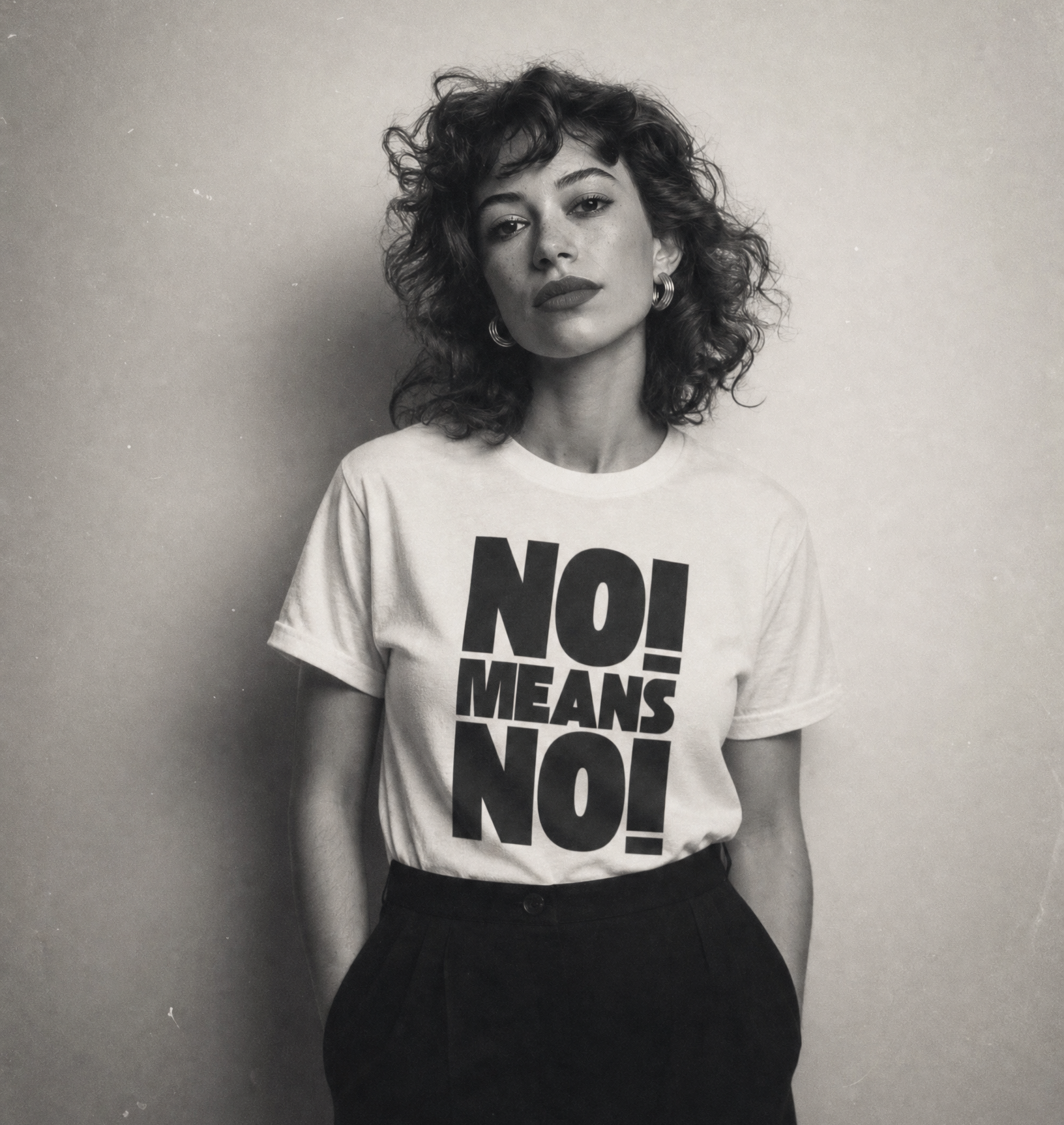 white tshirt featuring a bold print "No! means No!"