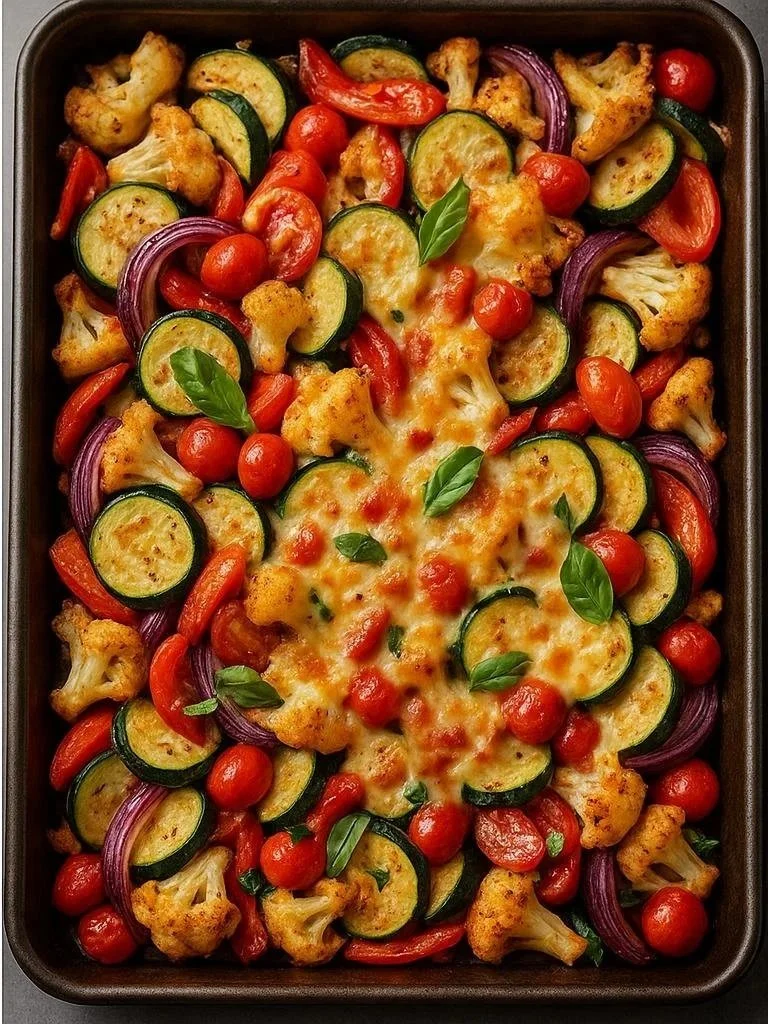 Cheesy Roasted Veggie &amp; Cauliflower Sheet Pan (Vegetarian, Low Carb)