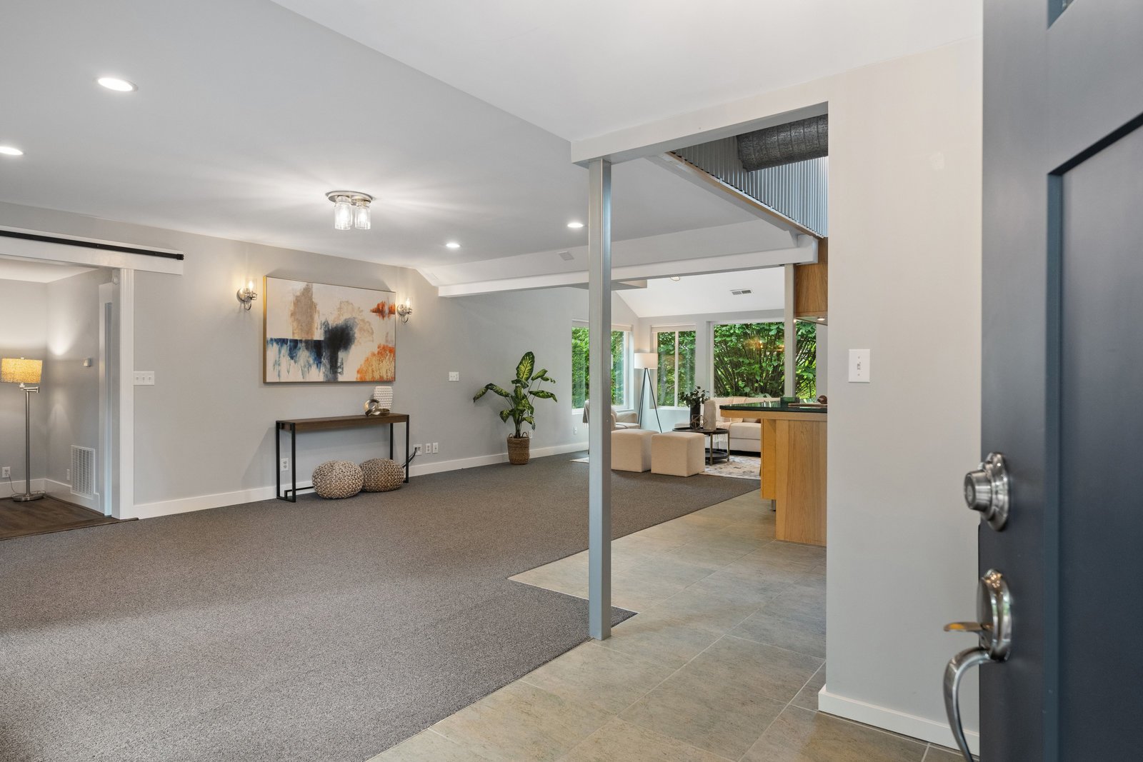 view of the living room from the blue front door