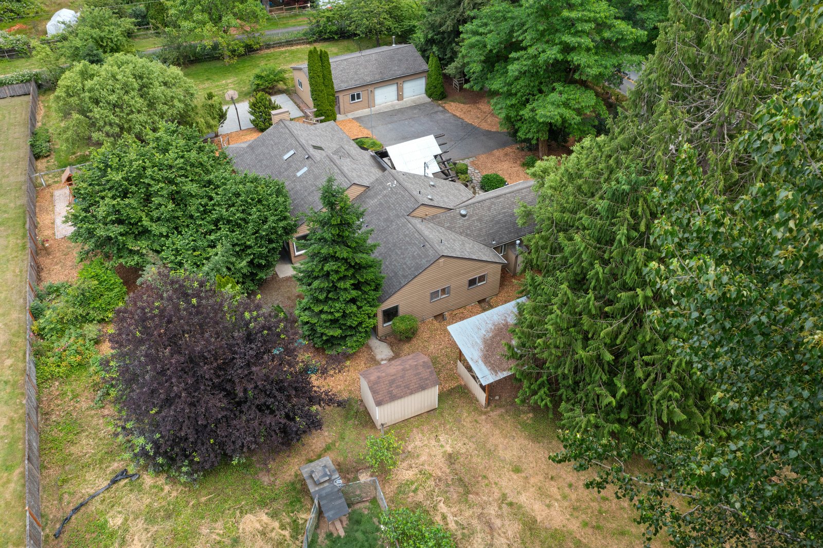 overhead view of the house and property