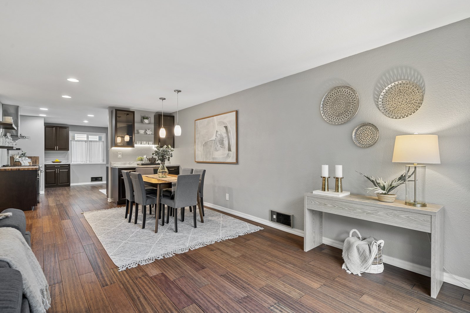 interior of living room and dining room with couch and dining room