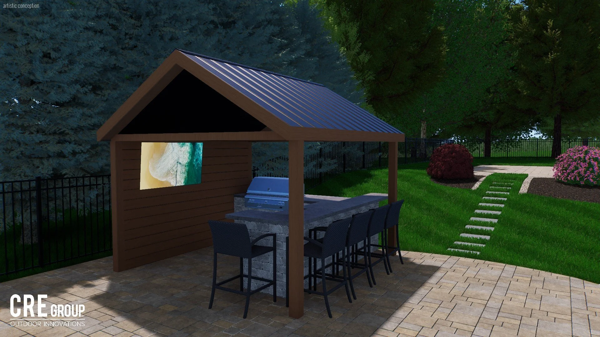Backyard patio with a covered outdoor kitchen area, including a built-in grill, surrounded by a stone countertop and several chairs. Beyond the patio, there is a grassy yard with a stepping stone pathway, bushes, colorful flowers, and large trees, al
