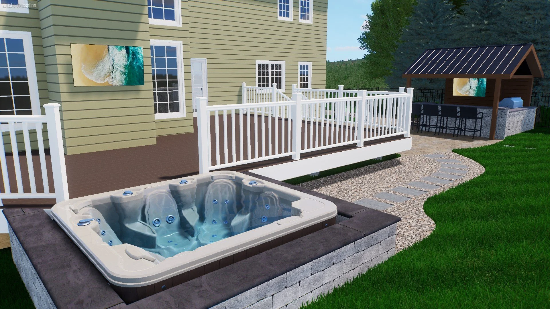 Backyard with hot tub, white fence, stone patio, grass, and a wooden shed with a mural of ocean waves on the outside wall.