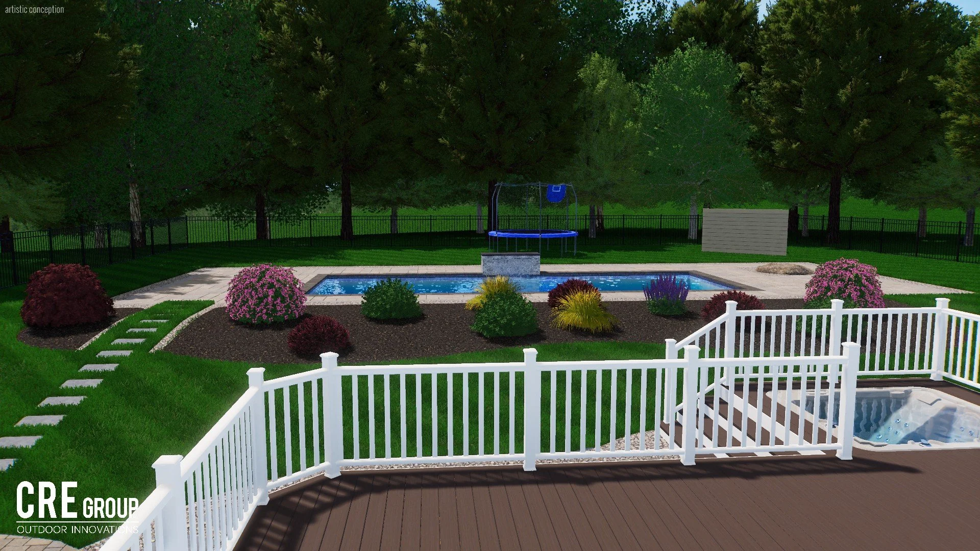 Backyard with a swimming pool, surrounded by a white fence, colorful bushes, a stepping stone path, a hot tub, a trampoline, and a lawn with large trees in the background.