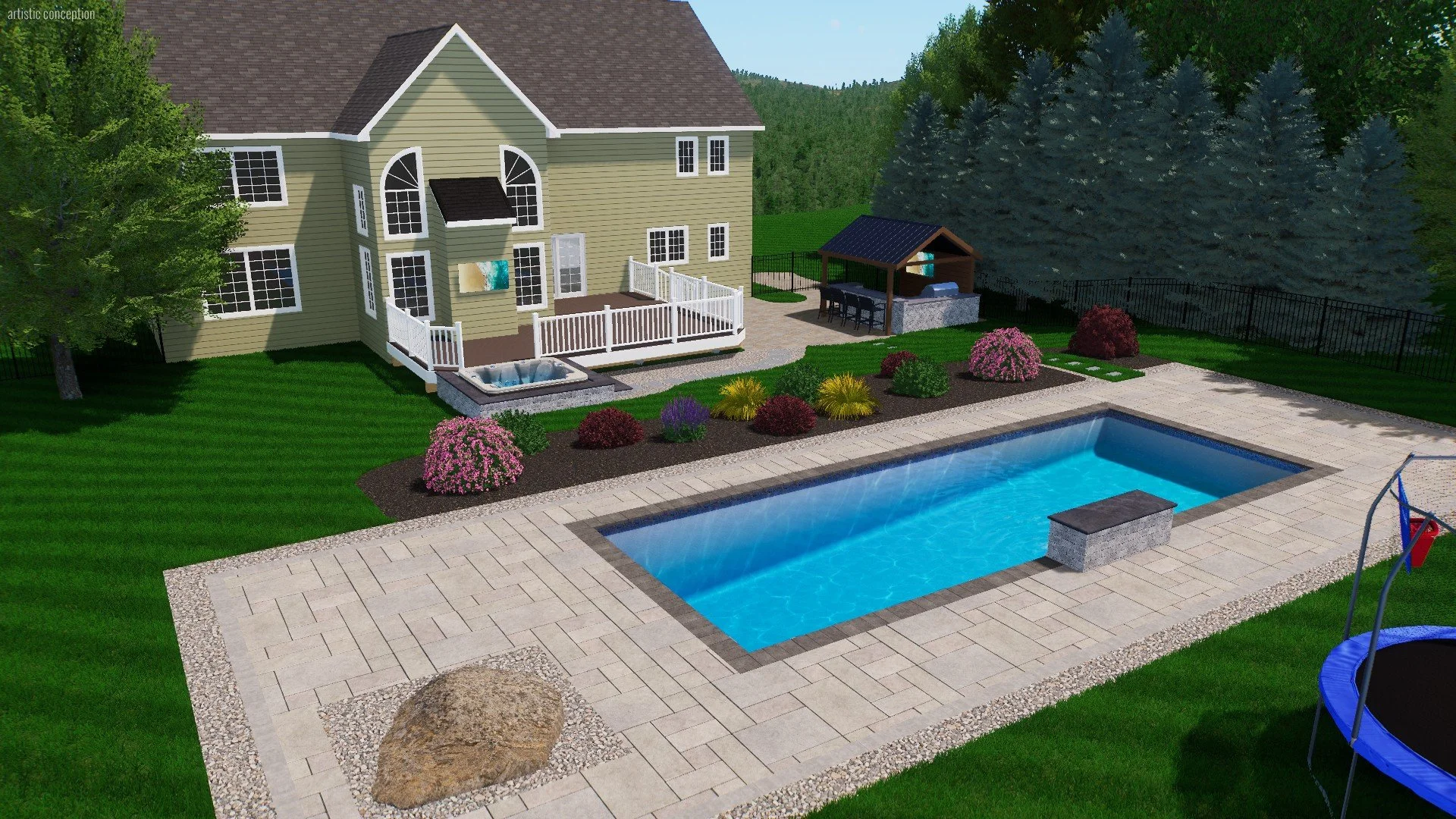 Backyard with swimming pool, patio, hot tub, and lawn, surrounded by trees and fence.