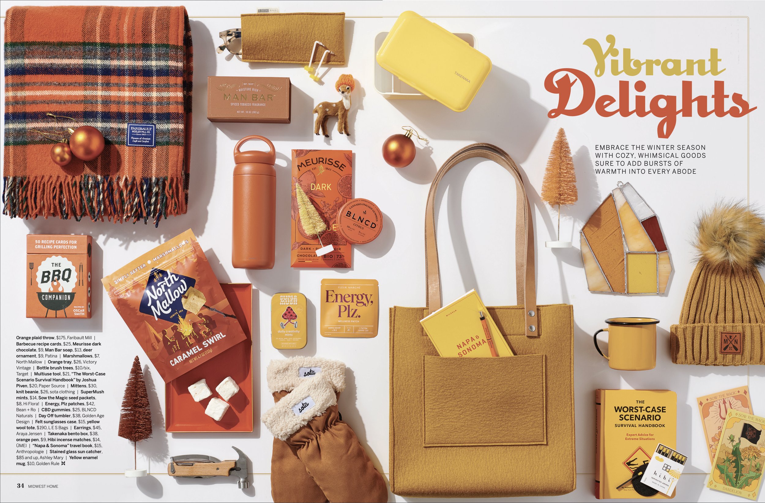 holiday gift guide with bags gloves hats blanket books