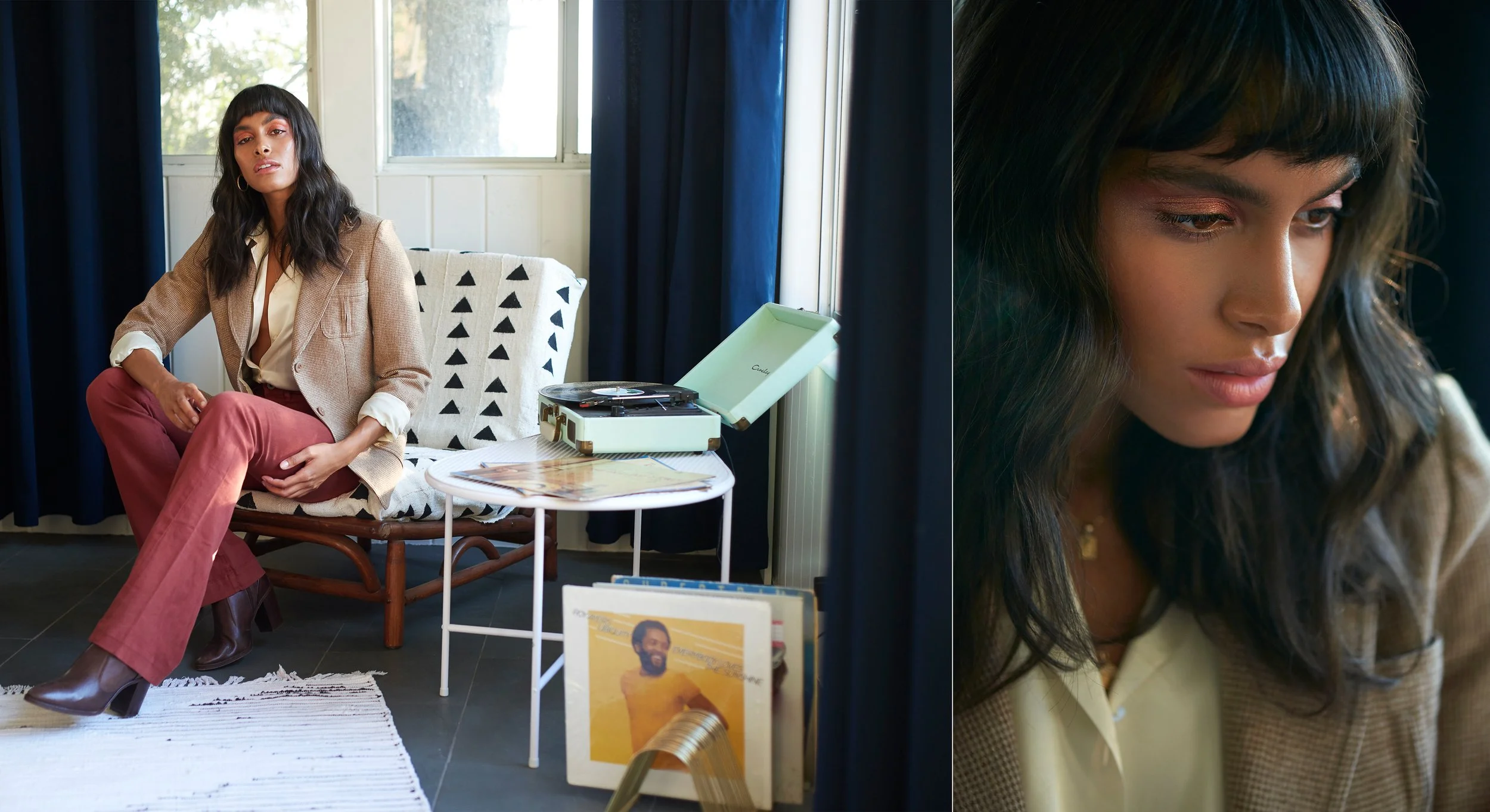 split image of woman in LA bungalow listening to records