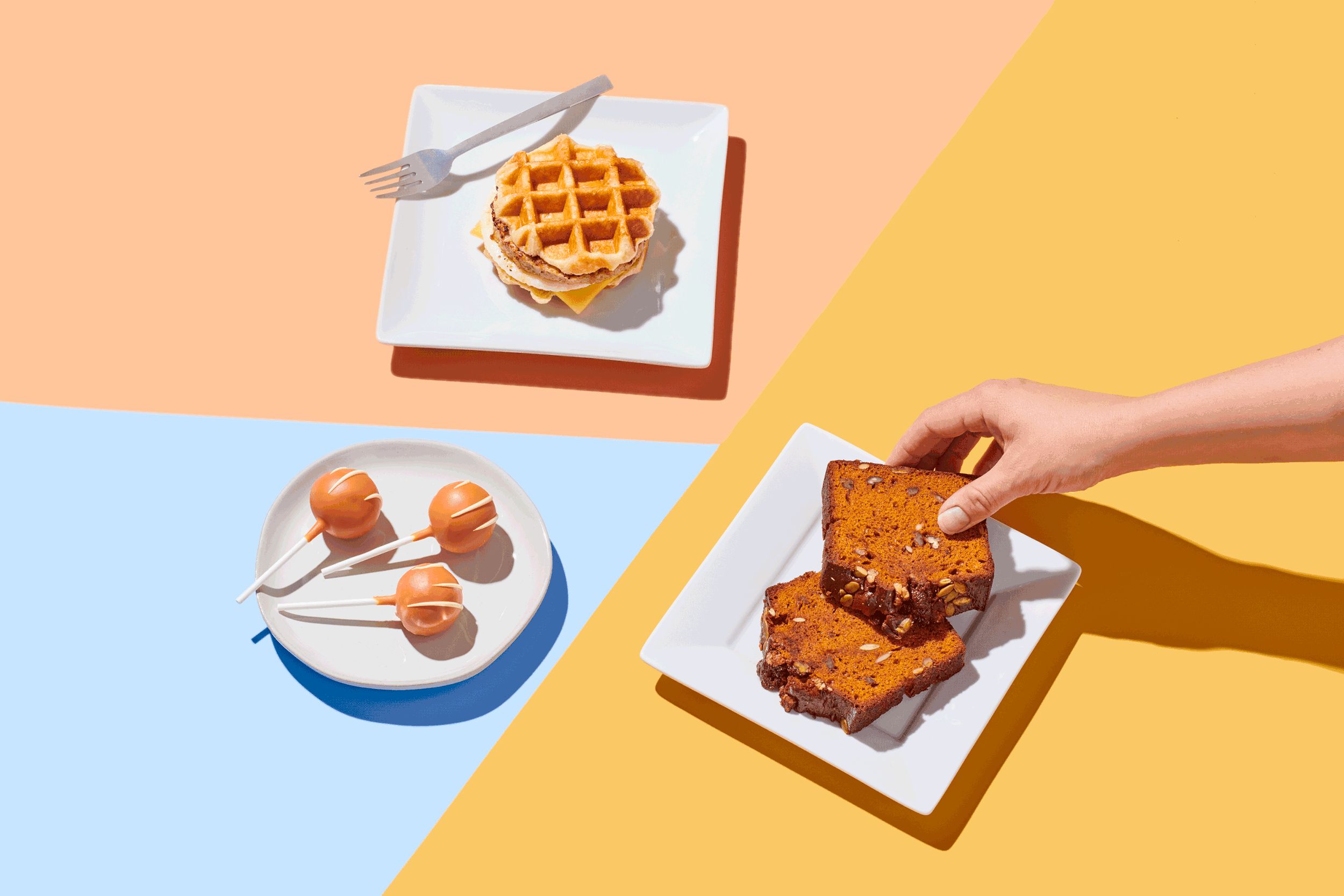 motion of woman grabbing pumpkin bread