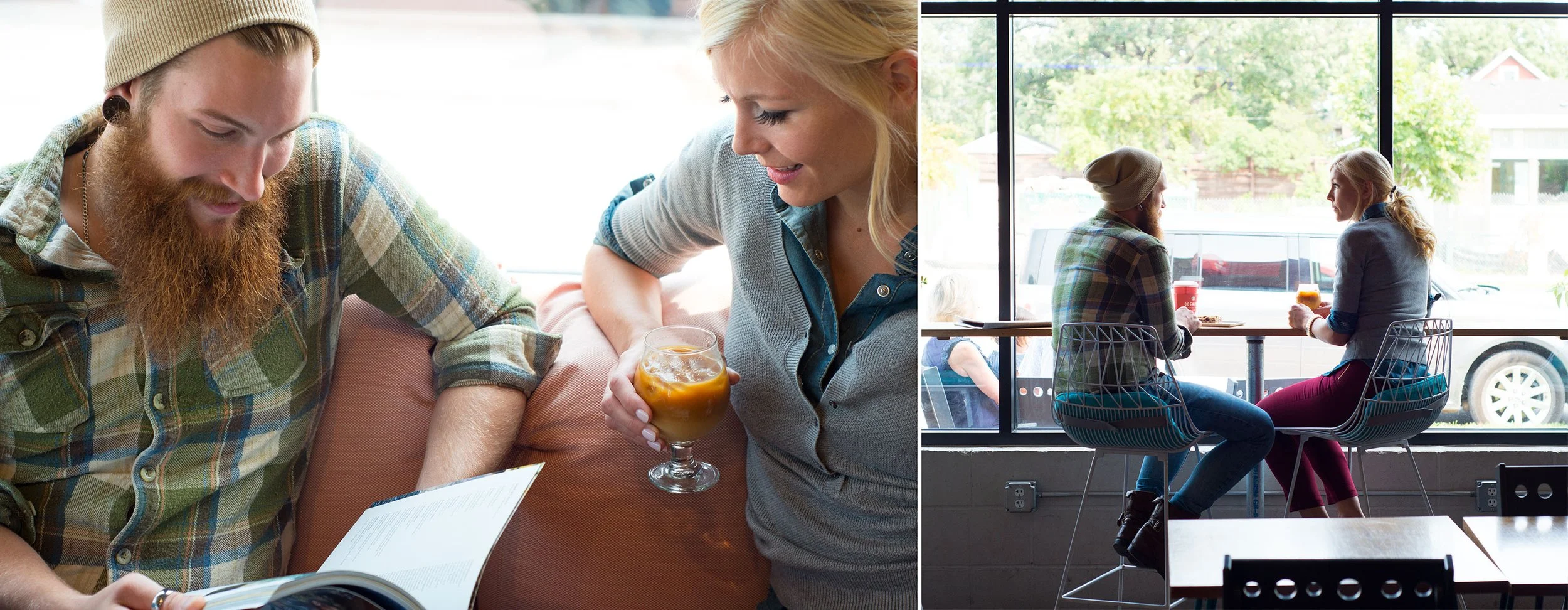 couple at a coffee shop talking and reading