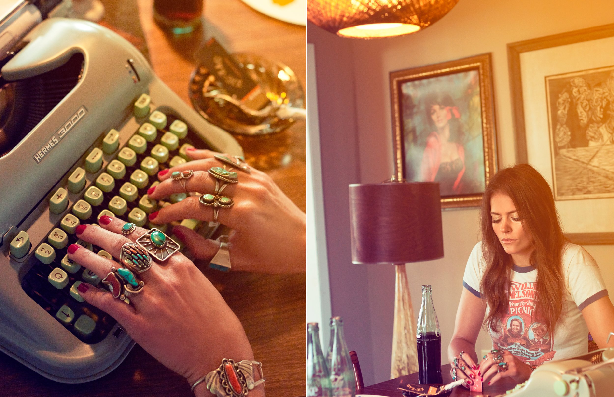woman in vintage home drinking a coke and typing on typewriter