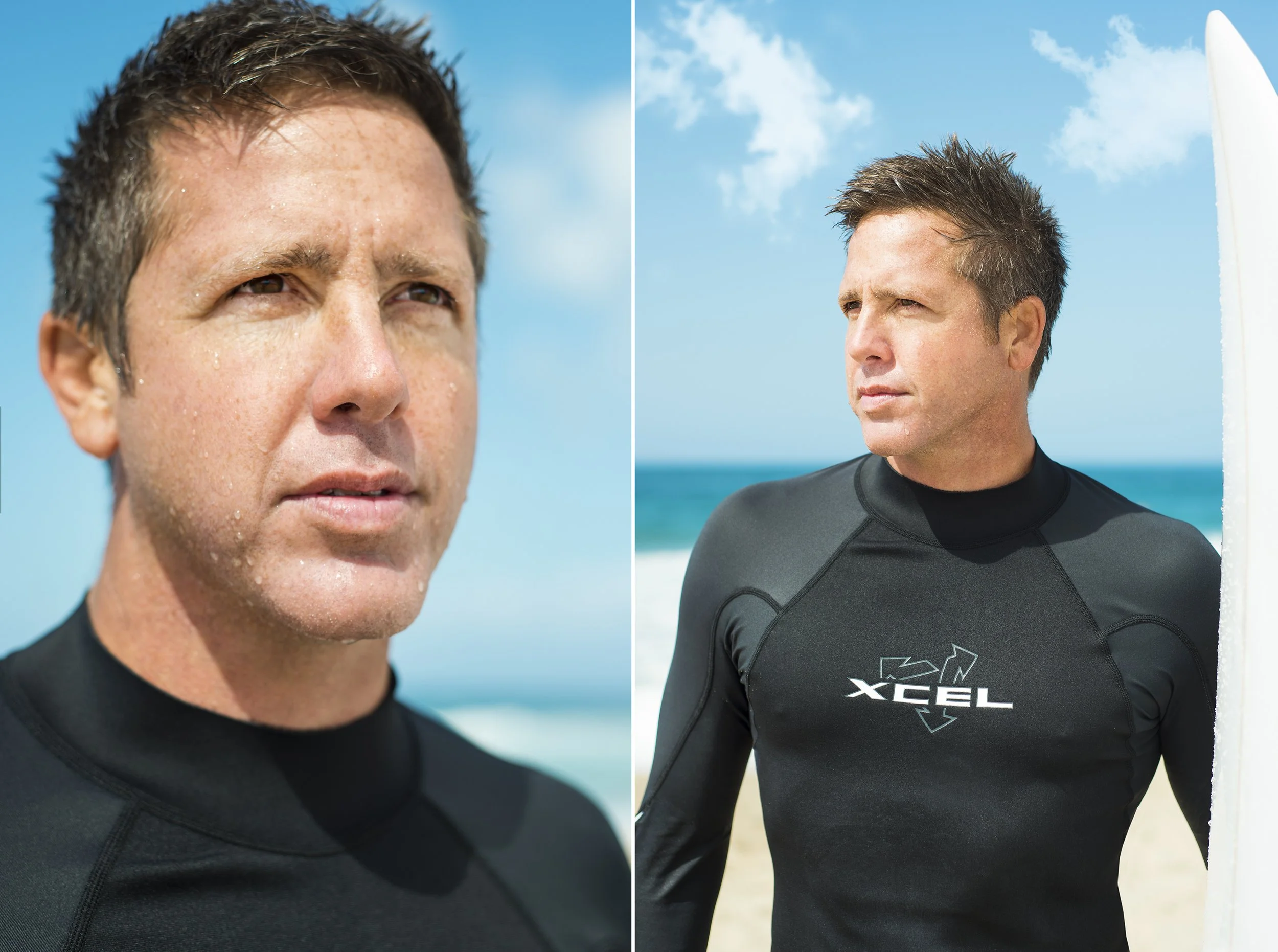 split image of a portrait of a surfer