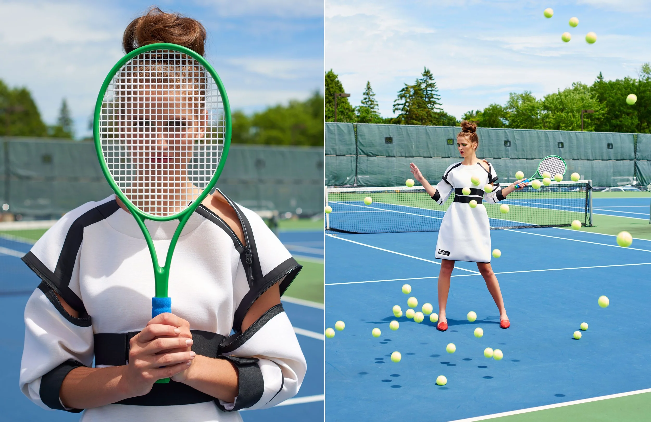 model on a tennis court with racket and tennis balls