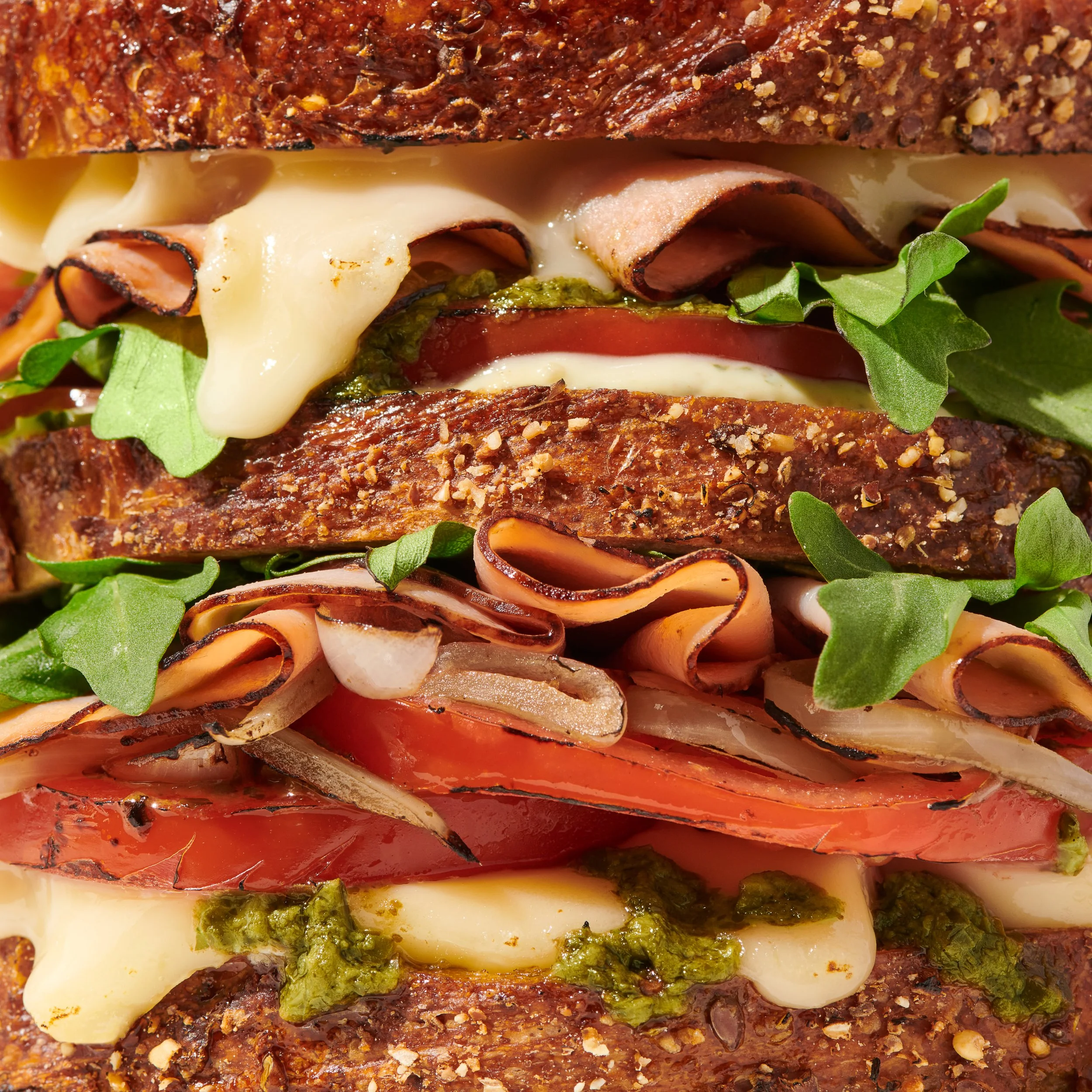 macro shot on stacked meat and cheese sandwich
