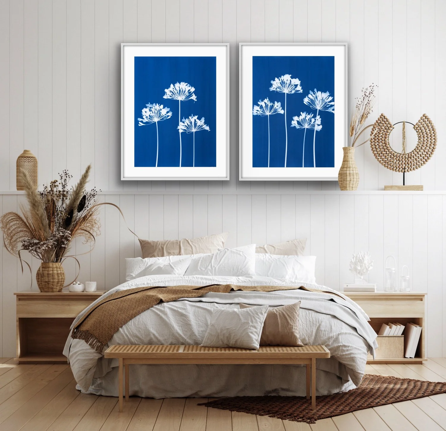 30 x 44 inch diptych original art agapanthus floral cyanotype by