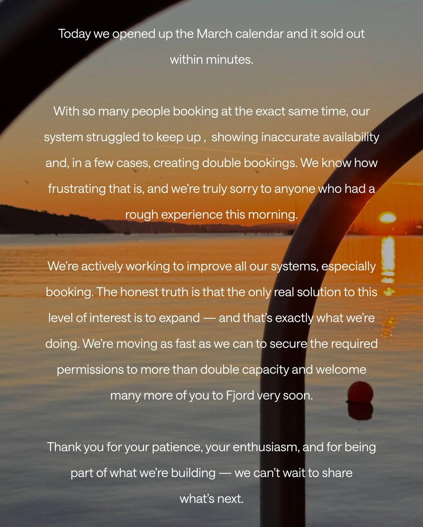 Once again, apologies for how tricky it has been to get on the calendar. Aside from improvements to our booking system, we will temporarily be halting the sale of all gift sessions and multi-packs until we&rsquo;re better able to accommodate existing