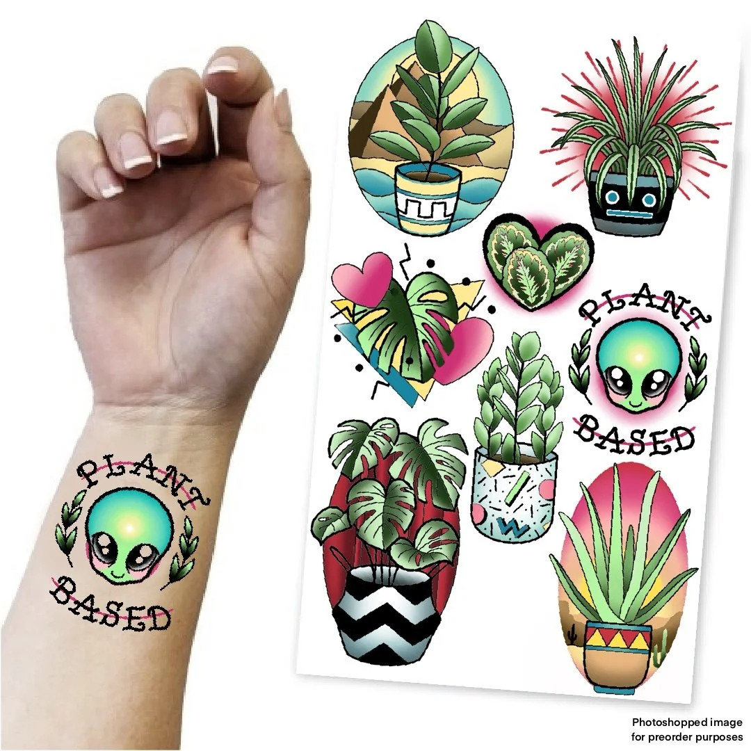 PREORDER Temporary Tattoo Transfer A5 Sheet for Adults or Children - Plant themed, x8 Colourful Designs