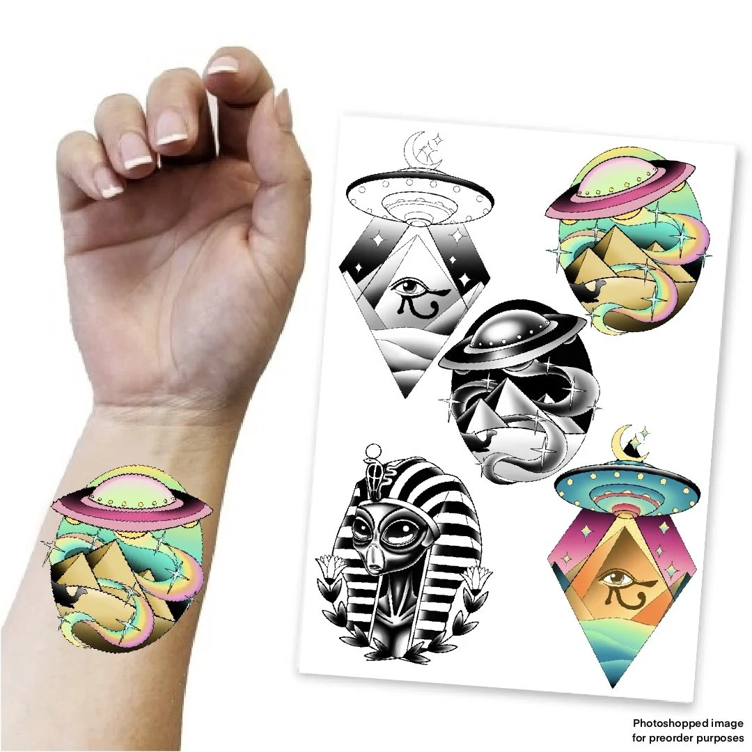 PREORDER Adult’s Temporary Tattoo Transfer A5 Sheet - Ancient Alien theme, x5 Designs