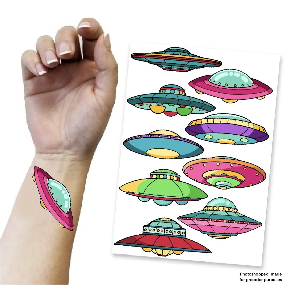 PREORDER Children’s Temporary Tattoo A6 Transfer Sheet - Colourful UFO’s, x9 Designs