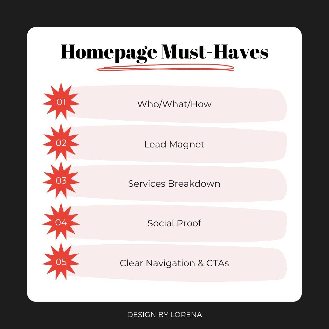 HOMEPAGE MUST-HAVES 👈

Certain things need to go on your website's homepage so that it's actually converting. Here's a lil breakdown of all the thangs - not necessarily in order:

🌞 WHO/WHAT/HOW 
Make sure in the first few seconds of someone landin