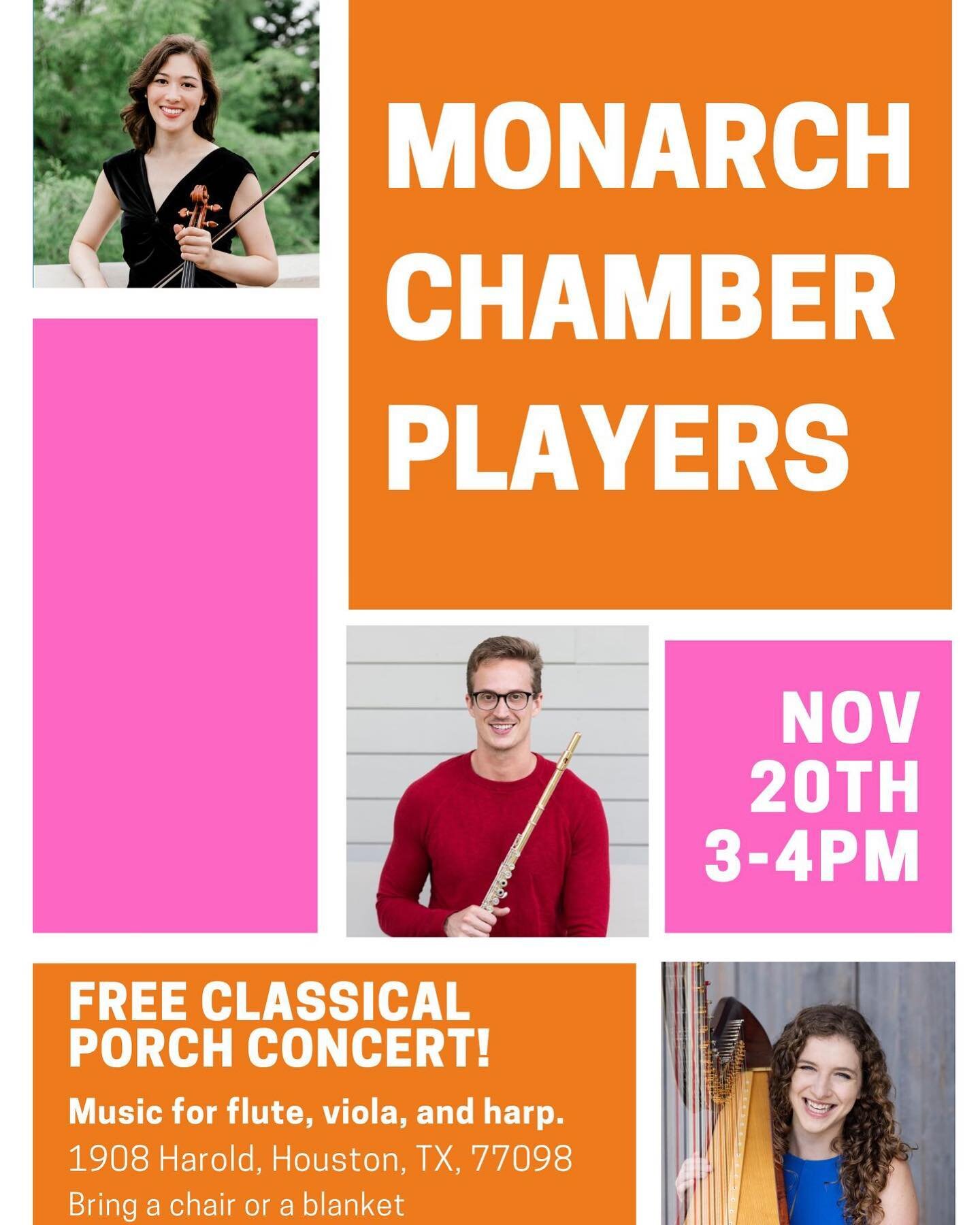 Happening this SUNDAY from 3-4PM! Come enjoy beautiful tunes for flute, viola, and harp at 1908 Harold St. Bring a chair or blanket to sit on. Admission is free! Don&rsquo;t miss this dreamy ensemble!