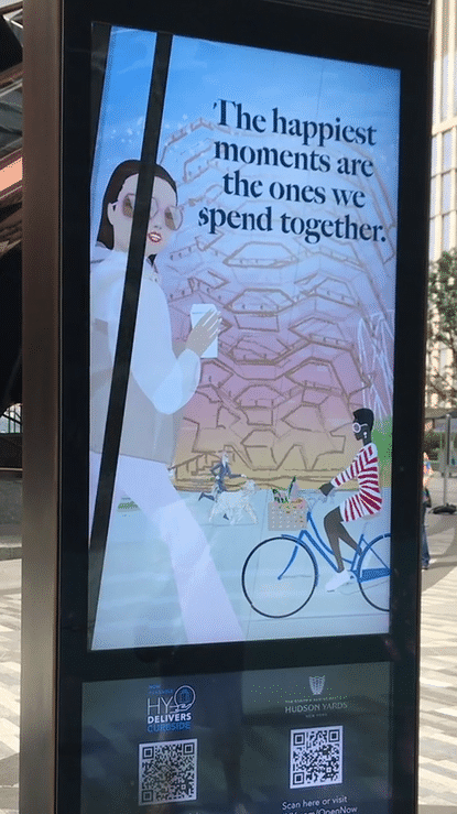 Digital illustration by illustrator don oehl of woman having coffee while shopping, woman riding a Citi bike, woman running with her afghan dog outside at Hudson Yards NYC.